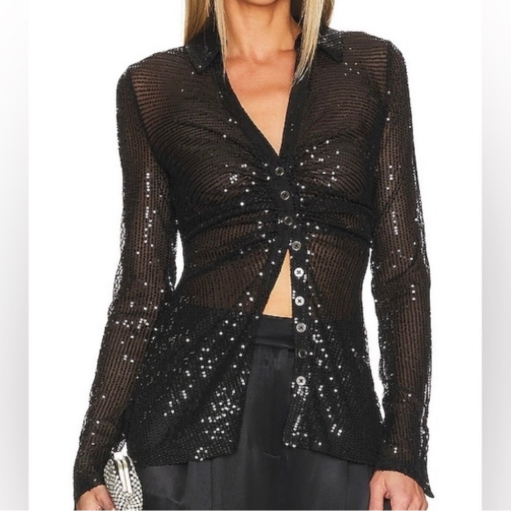 Free People Black Sequin Button-Up Top